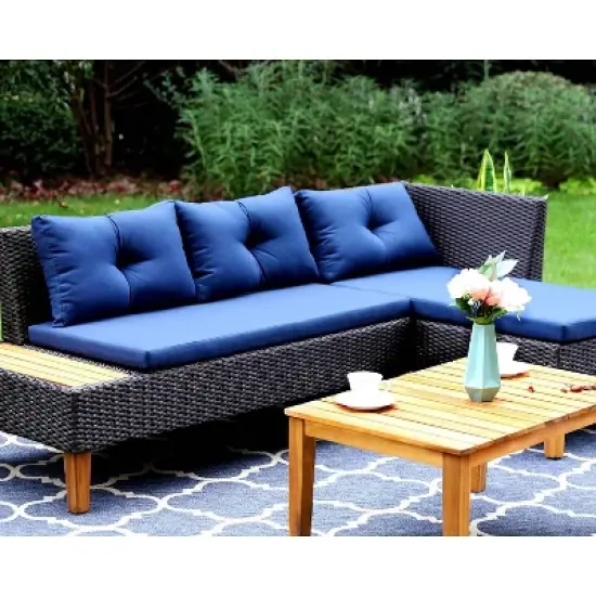 3pc Outdoor Acacia Wood Conversation Set with Sectional Sofa & Cushions - Captiva Designs image {5}
