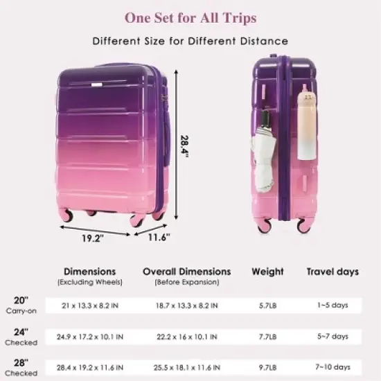 XINGHANZHENXUAN 3-Piece Luggage Set, 20" Carry-On Hard Shell Suitcase with Spinner Wheels image {1}