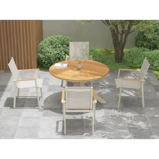 Round Planked Wood Top Outdoor Dining Set 4Piece Textured Mesh Chair Patio Furniture image {6}
