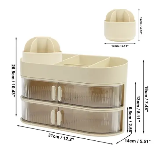 Unique Bargains Rotating Makeup Organizer with Drawer Beige 1 Pc image {3}