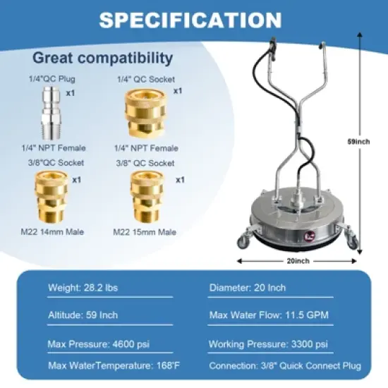 20" Pressure Washer Surface Cleaner with Dual Handles, Stainless Steel Surface Cleaner with 4 Wheels for Driveways image {6}