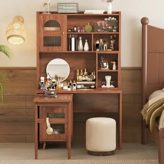 TIRAMISUBEST Computer Desk with 90 Degree Rotating Desktop, Office Desk with Storage Drawer and Cabinets, Gaming Desk with Shelves image {1}