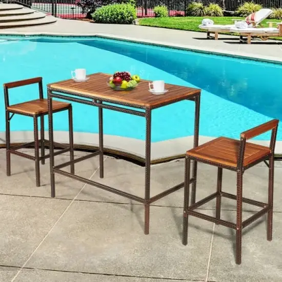 Costway 3 PCS Patio Rattan Wicker Bar wood Table Chair Outdoor image {3}