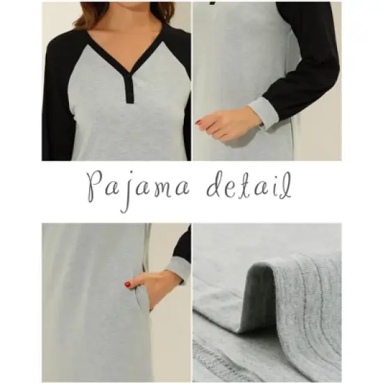 cheibear Women's Sleepshirt Pajama Dress Long Sleeves with Pockets Henley Lounge Nightgown image {3}