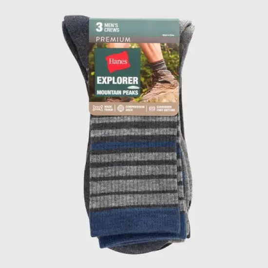Hanes Premium Men's Mini Striped Peaks Explorer Crew Socks 3pk - Gray 6-12 image {2}