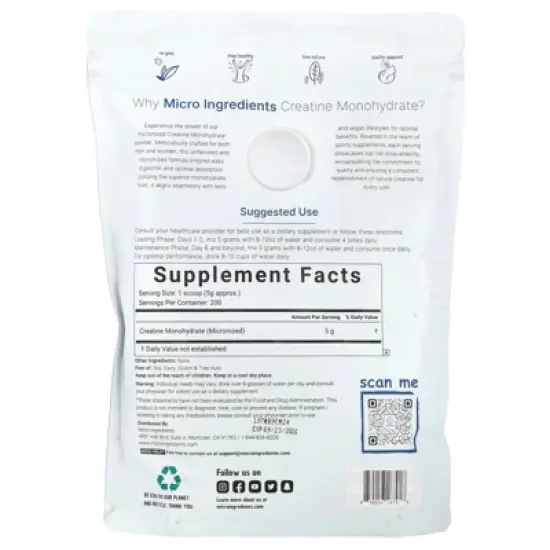 Micro Ingredients Creatine Monohydrate Powder, Unflavored, 2.2 lb (1 kg) image {1}