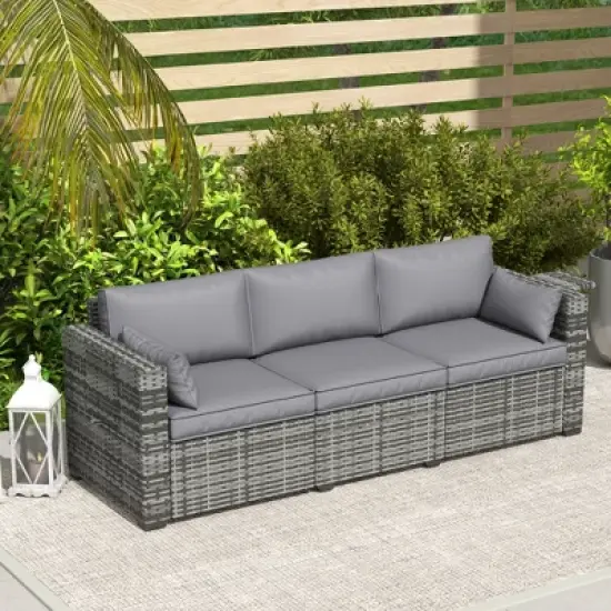 Outsunny 3 Seater Wicker Sofa with Side Trays, Rattan Outdoor Patio Couch with 6" Thick Back Cushions, Deep Seating for Porch, Garden, Mixed Gray image {4}