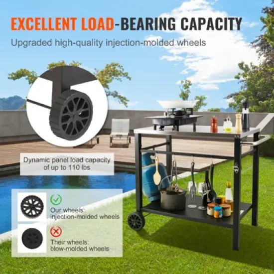 VEVOR Outdoor Grill Dining Cart with Double-Shelf, BBQ Movable Food Prep Table, Multifunctional Stainless Steel Table Top, Portable Modular Carts image {5}