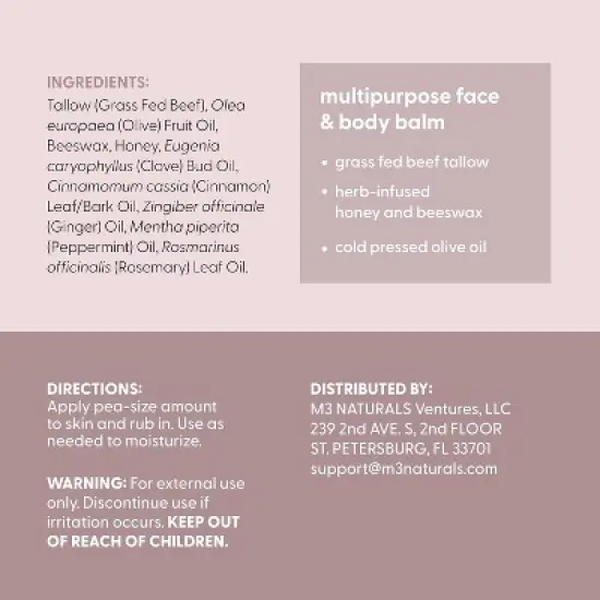 Grass Fed Beef Tallow Balm, Moisturizing Balm with Cold-Pressed Olive Oil & Beeswax for Skin, Body & Face, Scented or Unscented, M3, 2oz image {7}