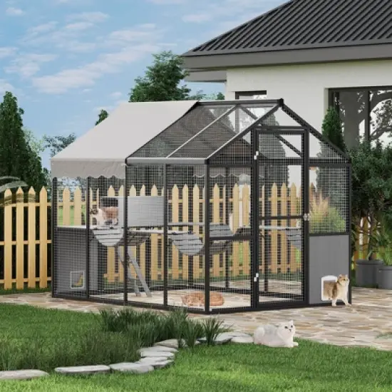 Aluminum Walk-In Large Outdoor Cat Enclosure, Catio for Multiple Cats, Outside Cattery with Weatherproof Roof , Side Door, UV Proof Cover image {8}