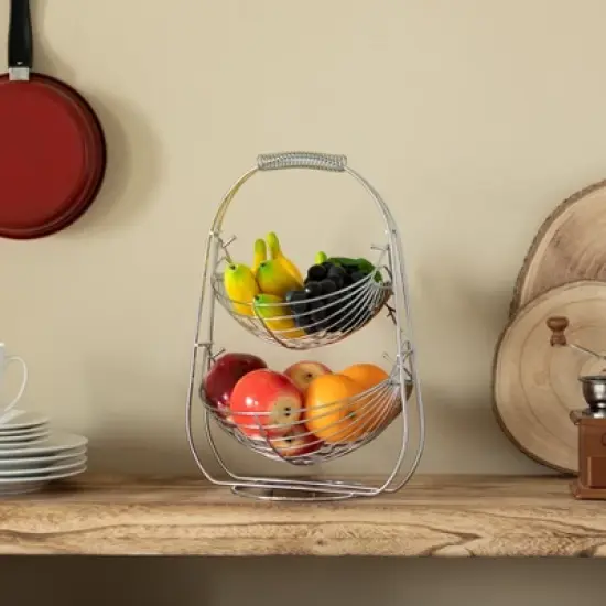 Basicwise 2 Tier Metal Fruit Holder Swing Basket for Kitchen | Detachable Countertop Vegetables Storage Organizer with Display Hammock Stand image {2}