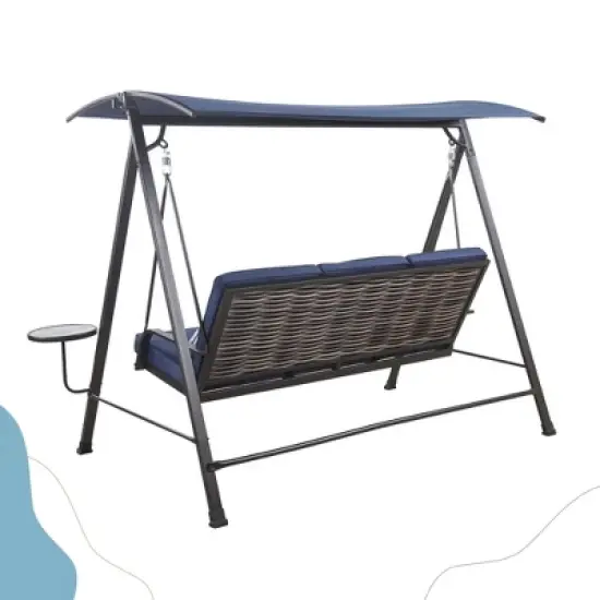 Okak 3-Seater Steel Porch Swing with Canopy,Outdoor Patio Swing Chair with Stand,Side Tables,Bench Swing for Patio,Garden,Backyard,Blue image {4}