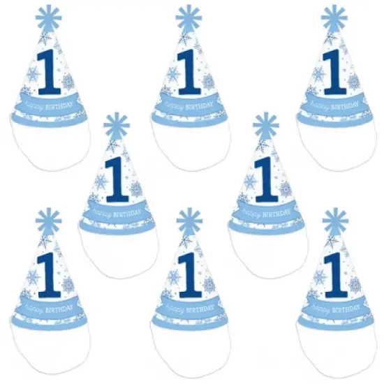 Big Dot of Happiness Blue Snowflakes 1st Birthday - Cone Happy Birthday Party Hats for Kids and Adults - Set of 8 (Standard Size) image {5}