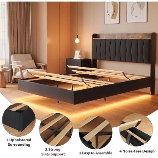 Floating Bed Frame with LED Lights & USB Charging Station &ndash; Modern Upholstered Platform Bed with Headboard, Solid Wood Slats Support image {4}