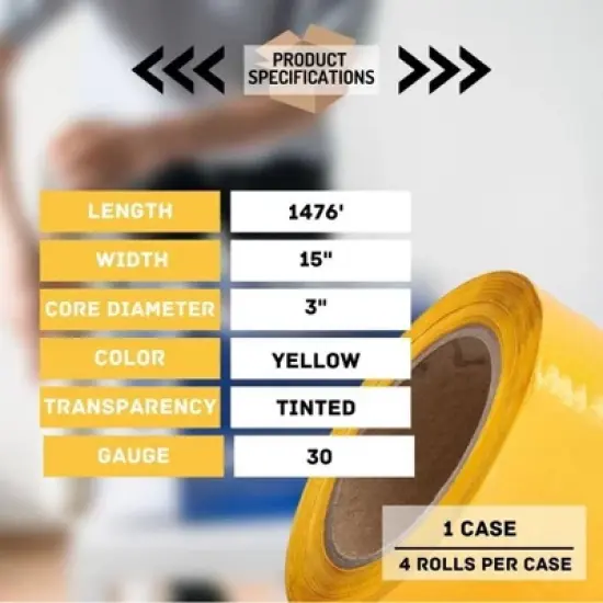 PSBM 4 Rolls Yellow 15 in. x 1476 Ft. 30 Gauge Pre-Stretch Cast Hand Pallet Wrap image {2}