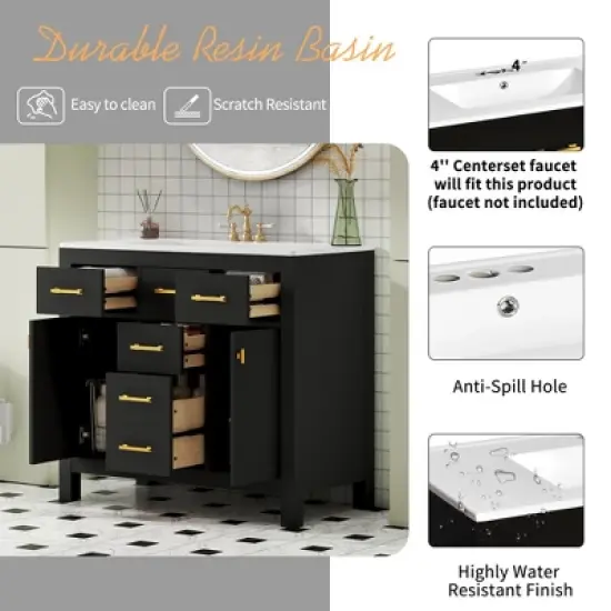 36" Modern Bathroom Vanity with Ceramic Sink, Freestanding Storage Cabinet with 4 Drawers & 2 Soft-Close Doors, Solid Wood Frame - ModernLuxe image {3}
