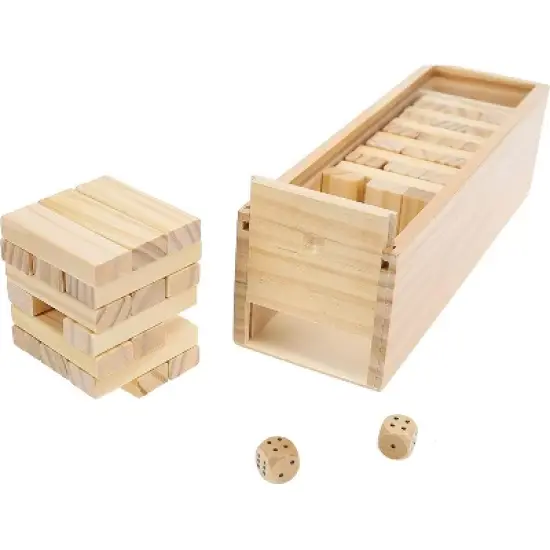 WE Games Wood Block Stacking Party Game That Tumbles Down when you play - Includes 12 in. Wooden Box and die image {3}