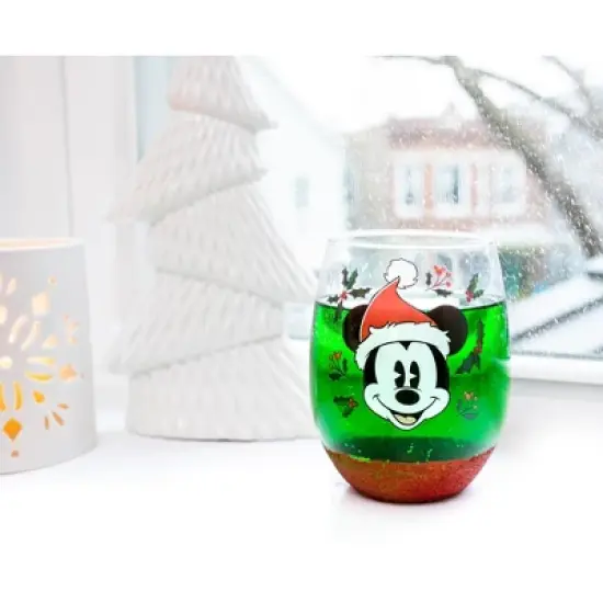 Silver Buffalo Disney Mickey Mouse Santa Hat Teardrop Stemless Wine Glass | Holds 20 Ounces image {7}