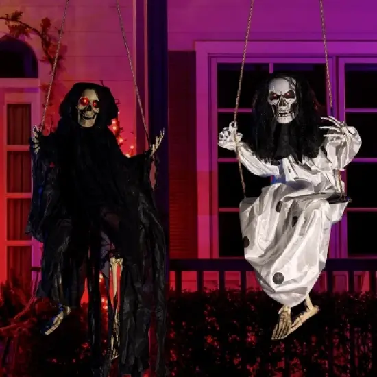 Joyfy 2 Packs 3ft Halloween Hanging Ghosts Outdoor Decor, Scary Grim Reaper Swinging Flying Skeleton with Lighted Up Eyes for Yard Patio Lawn Garden image {2}