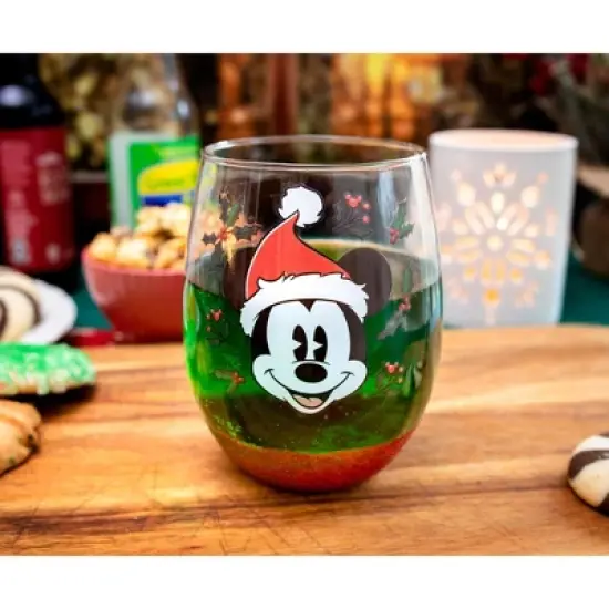 Silver Buffalo Disney Mickey Mouse Santa Hat Teardrop Stemless Wine Glass | Holds 20 Ounces image {6}
