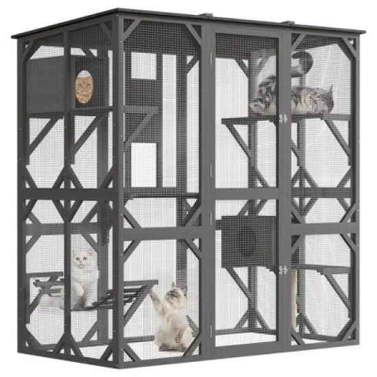 COZONY 70" Walk-in Window Catio Outdoor, Wooden Cat Enclosure with Platforms, Houses & Hammock image {1}