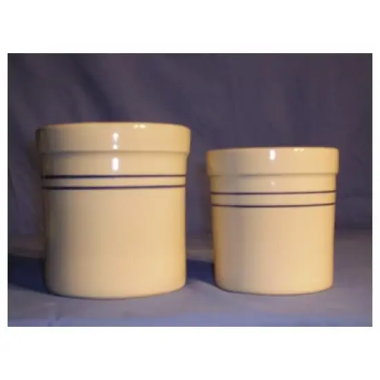 Martinez Pottery Pickling Fermenting Crock - Tan with Blue Stripe Stoneware Jar, 1/2 Gallon Capacity image {2}