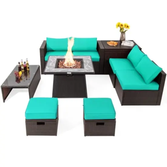 Tangkula 9 Pieces Outdoor Patio Furniture Set with 35" Propane Fire Pit Table Wicker Sectional Sofa Set w/ Storage Box Black/Gray/Navy/Red/Turquoise/Off White image {15}