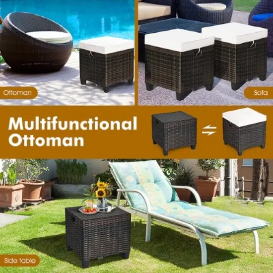 Costway 2PCS Patio Rattan Ottoman Cushioned Seat Beige image {7}