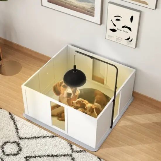 PawHut Whelping Box for Dogs with Retractable Light Stand, Washable Waterproof Pee Pad & Adjustable Door for Medium to Small Dogs image {1}