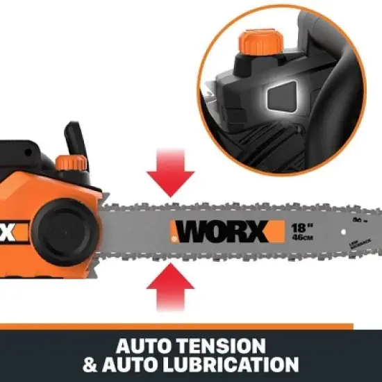 Worx WG304.2 18in 15 Amp Electric Chainsaw with Auto-Tension, Chain Brake image {4}