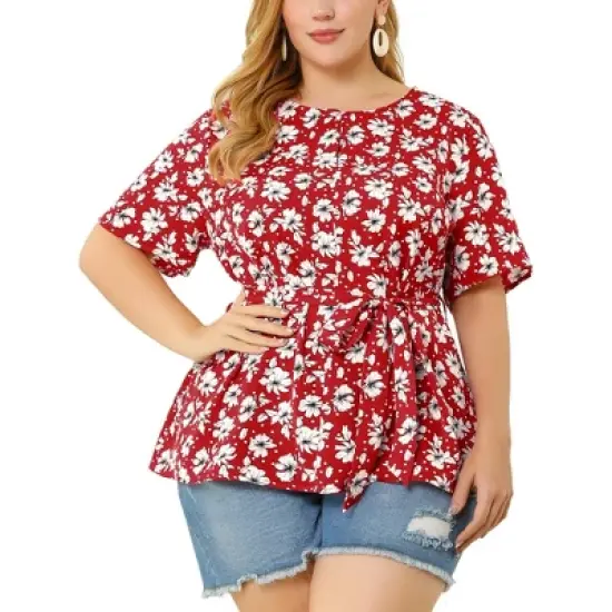 Agnes Orinda Women's Plus Size Ruffle Short Sleeve Chiffon Floral Blouse image {1}