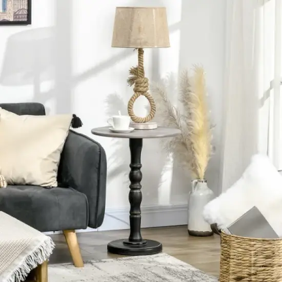 HOMCOM Pedestal Side Table with Round Tabletop, Rustic End Table with Solid Wood Leg for Living Room, Bedroom, Light Gray and Black image {2}