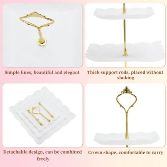 Unique Bargains 3 Tier Dessert Cupcake Stand Square Cup Cake Holder Tower with Tiered Serving Tray for Donuts Fruits White Gold Tone image {2}