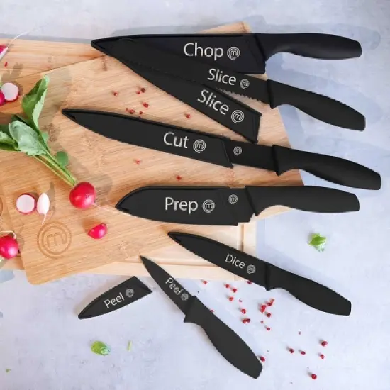 MasterChef 12pc Knife Set with Covers Sharp Nonstick Coated Knives Essential Black Collection: Stainless Steel Blades, Rubber Handles image {1}