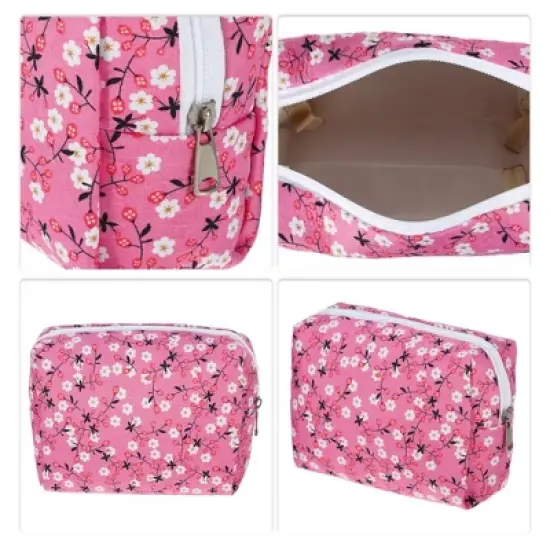 Unique Bargains Portable Flower Cosmetic Bag Deep Pink 1 Pc image {2}