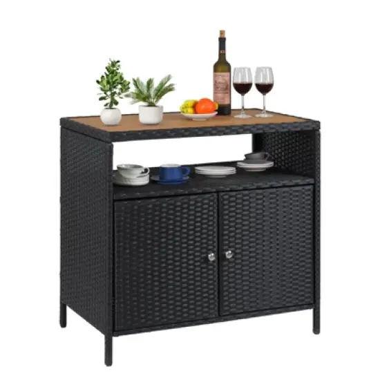 Outdoor Storage Cabinet, Weather-Proof Rattan Bar Table with Two Doors Wicker Patio Storage Box Garden Weather-Proof Bar Table image {7}