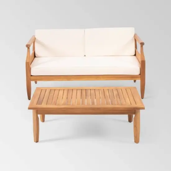 Aston 2pc Acacia Mid-Century Modern Loveseat Set - Teak/Cream - Christopher Knight Home image {1}