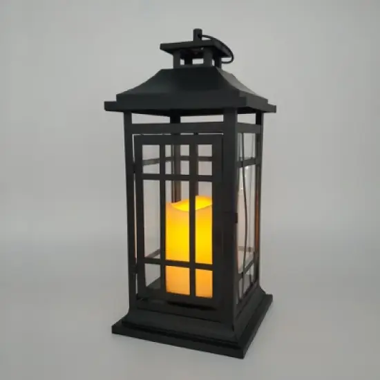 LumaBase Battery-Operated Metal Lantern with LED Candle - Black Window image {3}