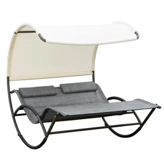 Outsunny Outdoor Double Chaise Rocking Chair, Day Bed Sun Lounger with Canopy Shade, Headrest Pillow, Armrests for Garden, Poolside, Light Gray image {3}