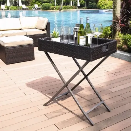 Palm Harbor Outdoor Wicker Butler Tray Brown - Crosley image {1}