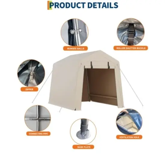 6x8 FT Portable Outdoor Storage Shed with 2 Roll-Up Zipper Doors & Vents,Waterproof PE Tarp,UV-Resistant Carport for Motorcycle,Firewood,Tools-Khaki image {7}