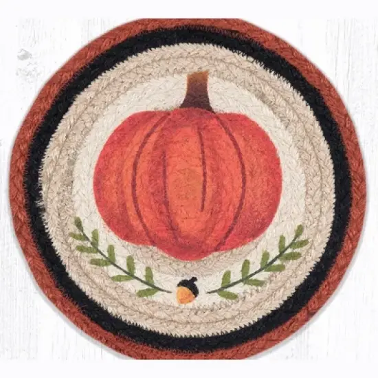Earth Rugs Pumpkin Perfect Printed Round Trivet &ndash; 10"x10" Braided Jute Hot Pad, Rustic Fall Table Decor image {1}