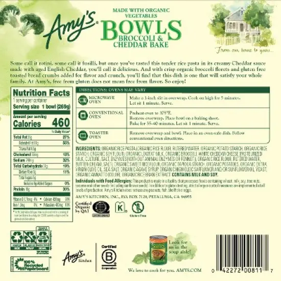 Amy's Gluten Free Frozen Broccoli & Cheddar Bake Meal Bowls - 9.5oz image {1}