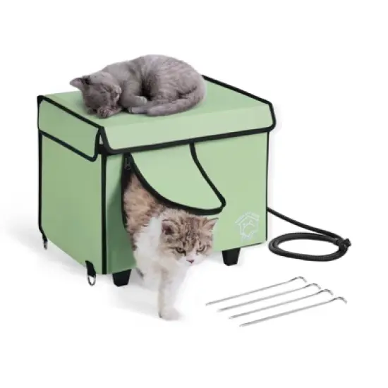 VEVOR Elevated Heated Cat House, Cuboid Kitty Shelter with Adjustable Temperature and Timer, 900D Oxford Cloth Foldable Cat Shelter, Green (Small) image {8}