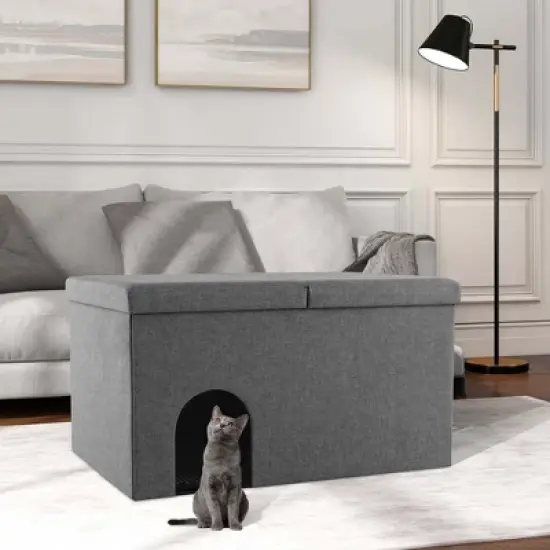 Costway Cat Litter Box Enclosure Hidden Furniture Cat Washroom Shoe Storage Bench Beige/Grey image {1}