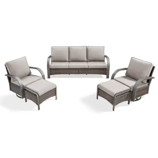 POCASSY 5PCS Outdoor Patio Furniture Set All-Weather Wicker Couch with Patio Swivel Rocking Outdoor Chairs and Ottomans, Patio Sofa Set for Backyard image {1}