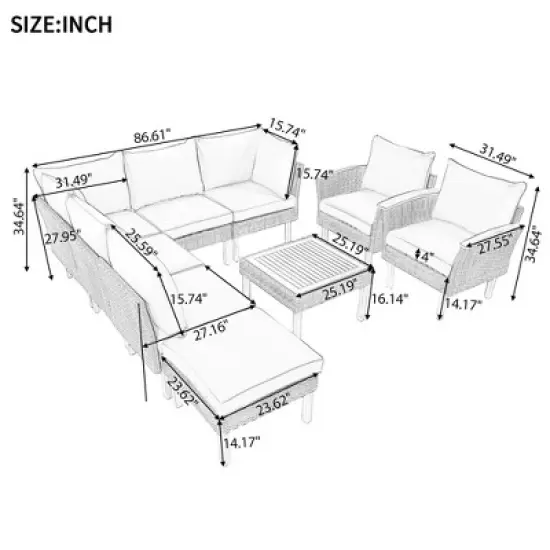 9-Piece Outdoor Patio Furniture Set with PE Wicker, Acacia Wood, Removable Cushions & Pillows, Multi-Functional Modular Sofa image {8}