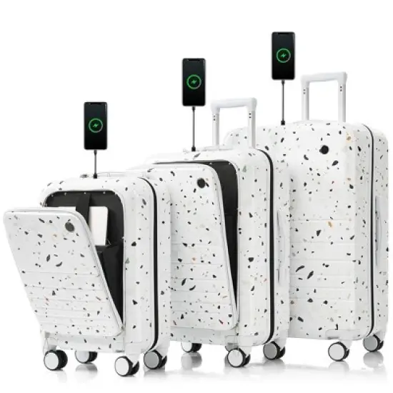 Wooakway 3-Piece Starry Sky White Luggage Set 20, 24, 28 Inch ABS+PC Hard Shell with USB Port Front Opening Spinner Wheels image {15}