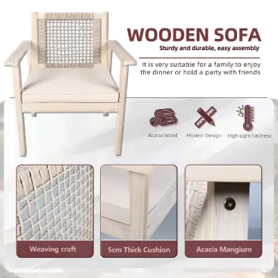 Moda Furnishings Acacia Wood Patio Outdoor Loveseat Sofa With Beige Cushions image {4}