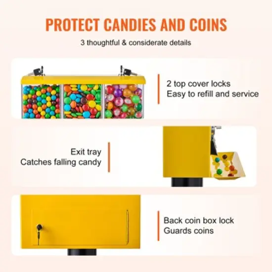 VEVOR Commercial Vending Machine, Triple Compartment Candy Dispenser with Iron Stand, Gumball and Candy Machine for Business, Yellow image {5}